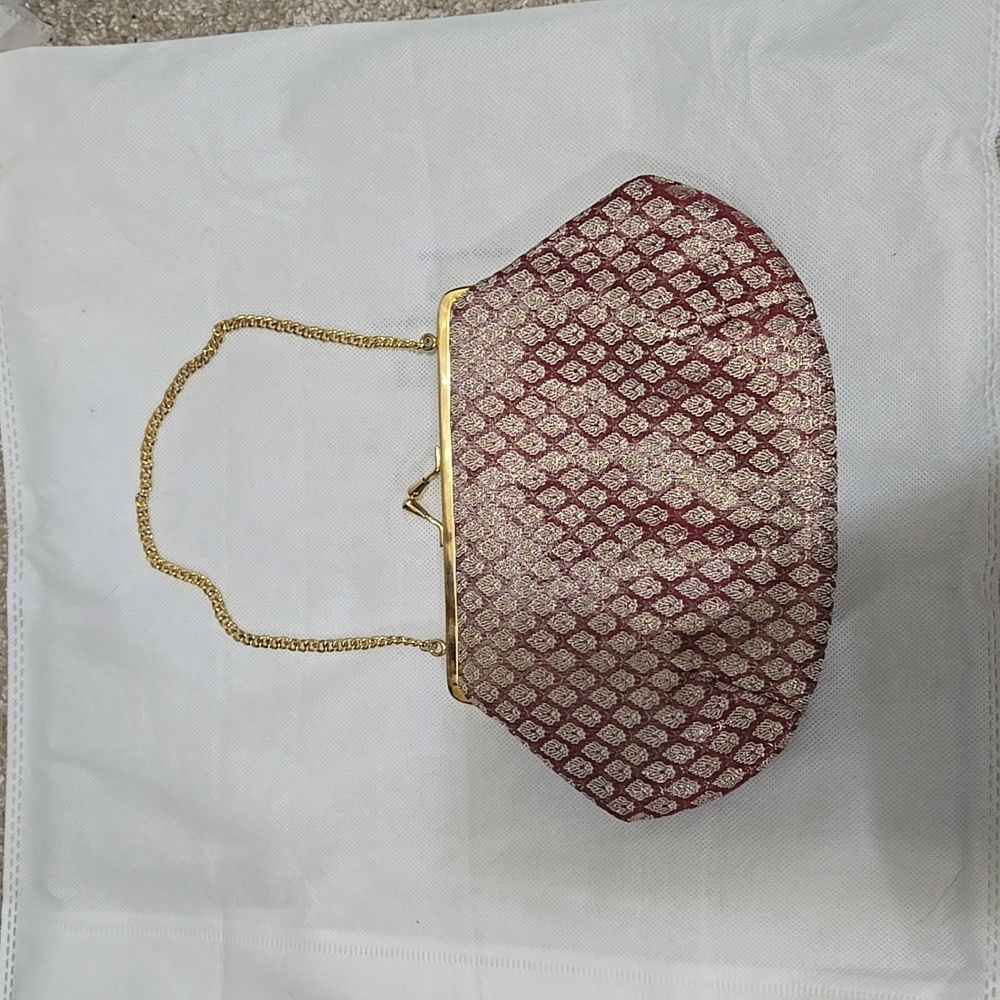 Cottage Product Wine and gold woven silk evening kisslock handbag